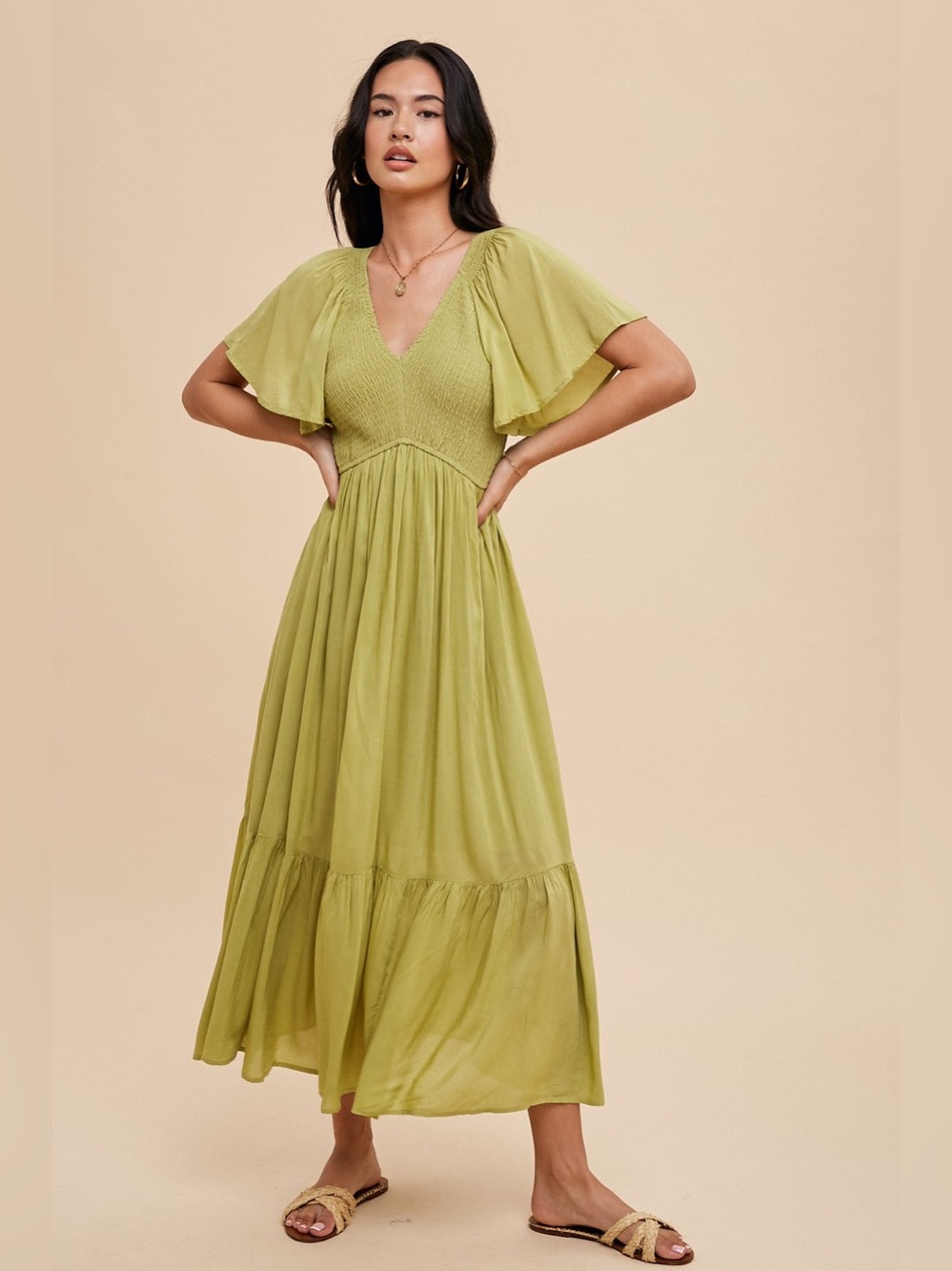 In Loom Green Smocked Flutter Sleeve Midi Dress NWT